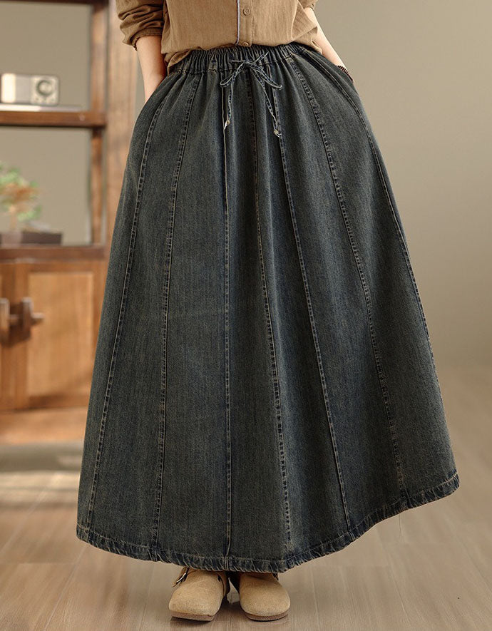 Denim Maxi Skirt – Elastic Waist A‑Line Long Skirt