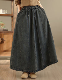 Denim Maxi Skirt – Elastic Waist A‑Line Long Skirt