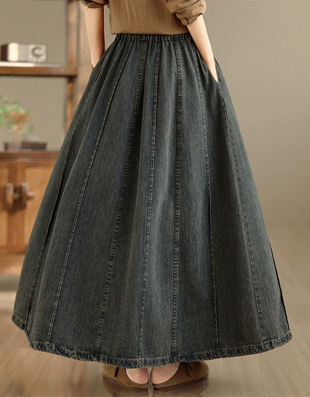 Back view of casual A‑line denim maxi skirt flowing to the ankles