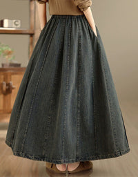 Back view of casual A‑line denim maxi skirt flowing to the ankles