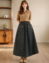 Women’s Denim Maxi Skirt – Drawstring High Waist