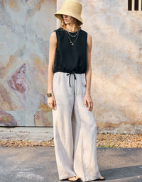 Black minimalist sleeveless linen drawstring crop top women full view