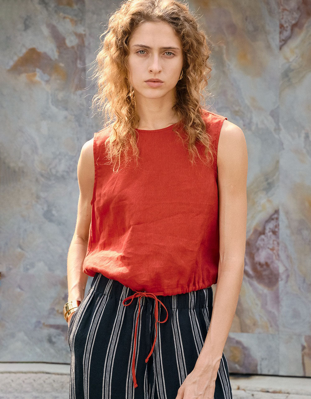 Red minimalist sleeveless linen drawstring crop top women
