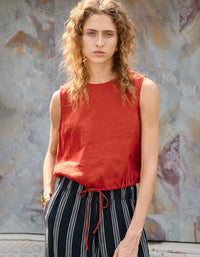 Red minimalist sleeveless linen drawstring crop top women