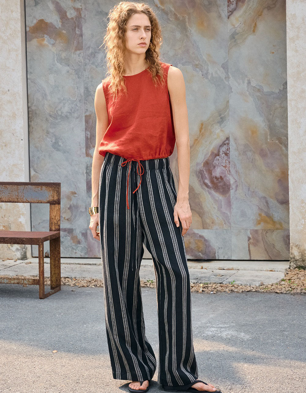 Red minimalist sleeveless linen drawstring crop top women full view