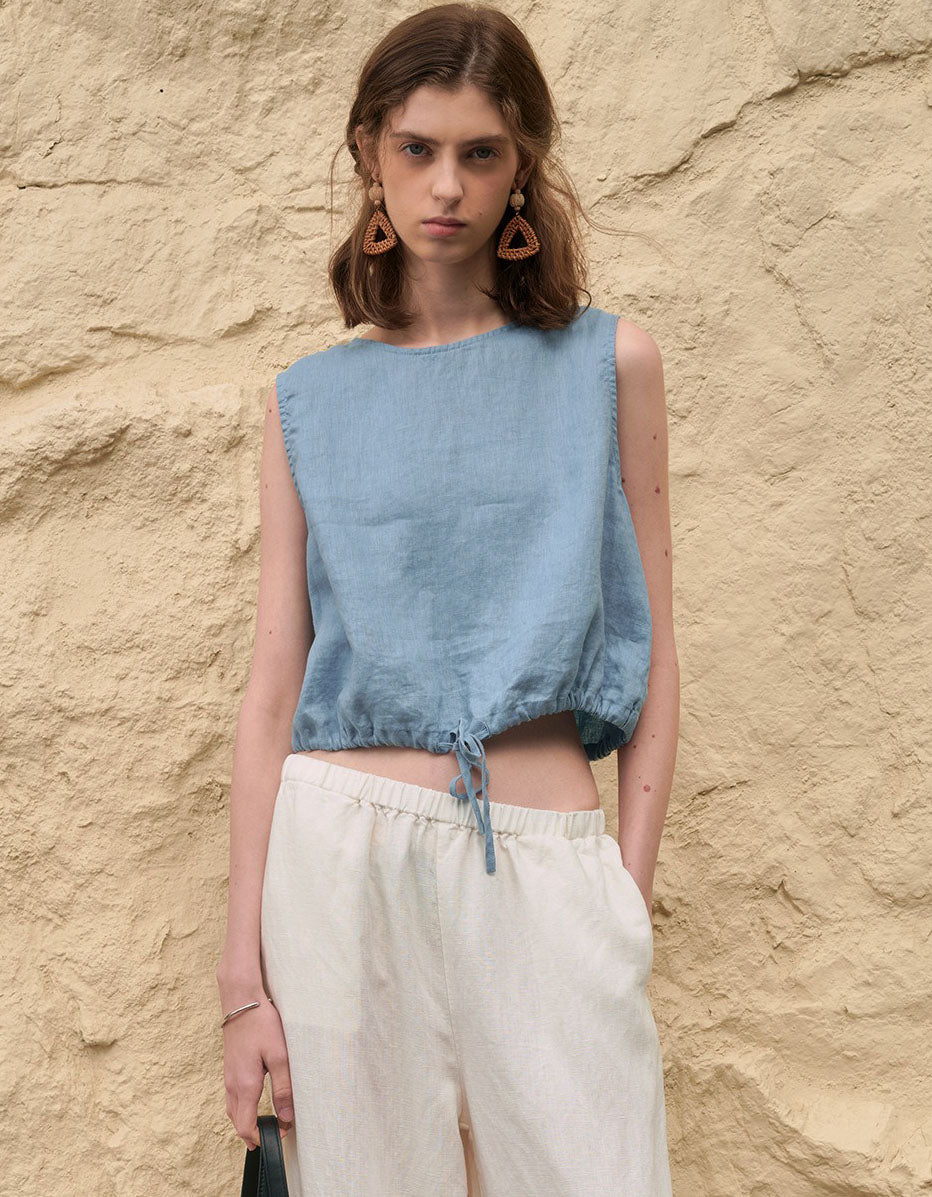 Light blue natural linen sleeveless summer blouse women