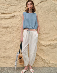 Light blue minimalist sleeveless linen drawstring crop top women full view