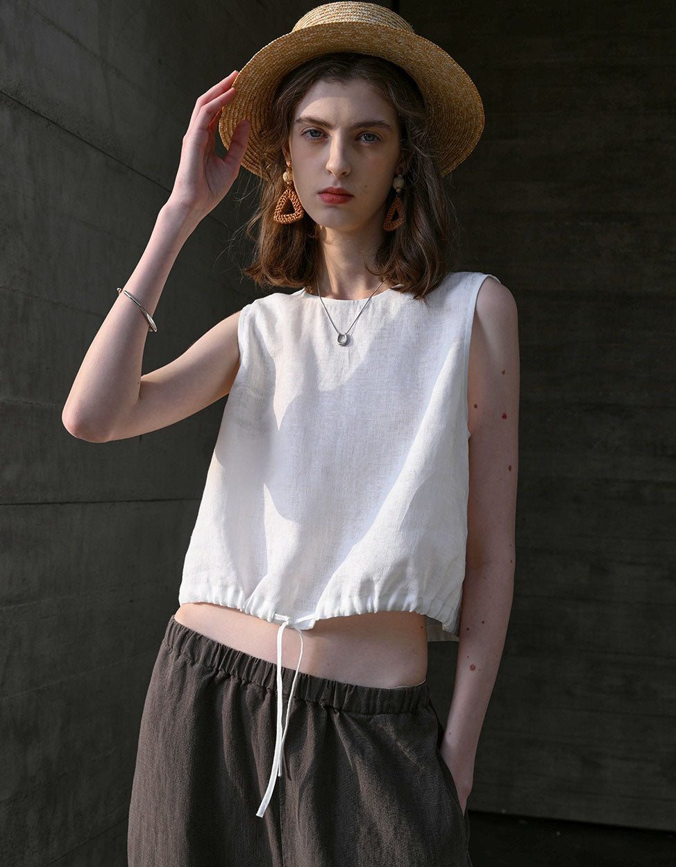 White natural linen sleeveless summer blouse women