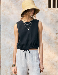 Black sleeveless linen crop top women summer outfit