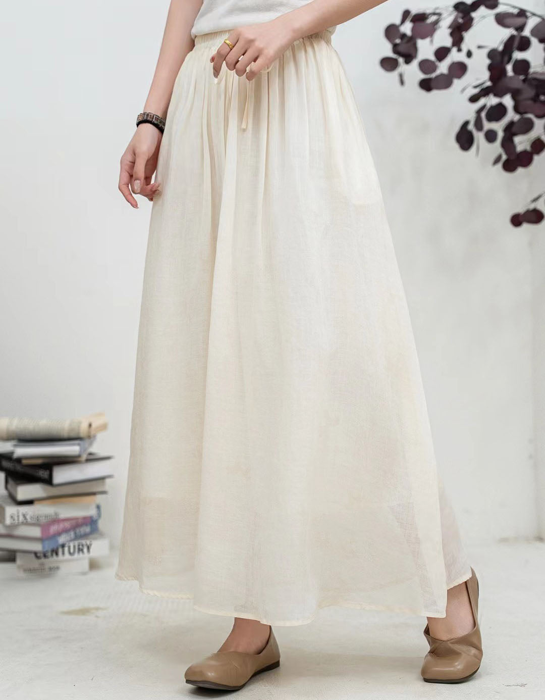 Flowy A-line linen maxi skirt for women front view