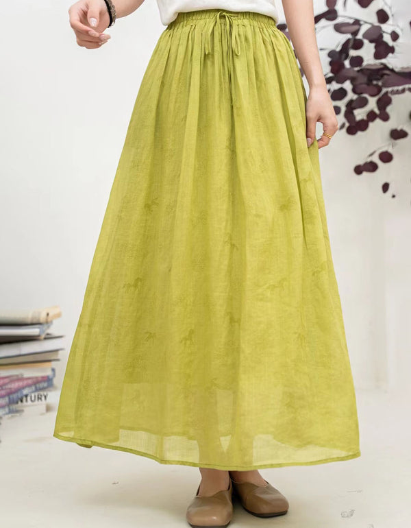 Women’s Lime Green Linen Maxi Skirt with Drawstring