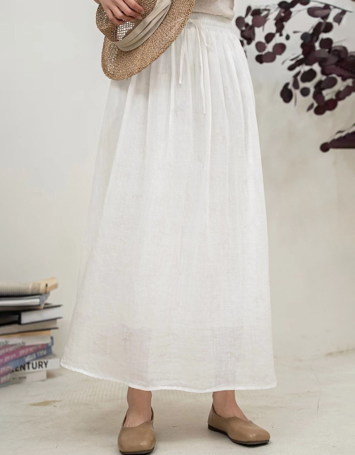 Casual long linen skirt with adjustable waistband