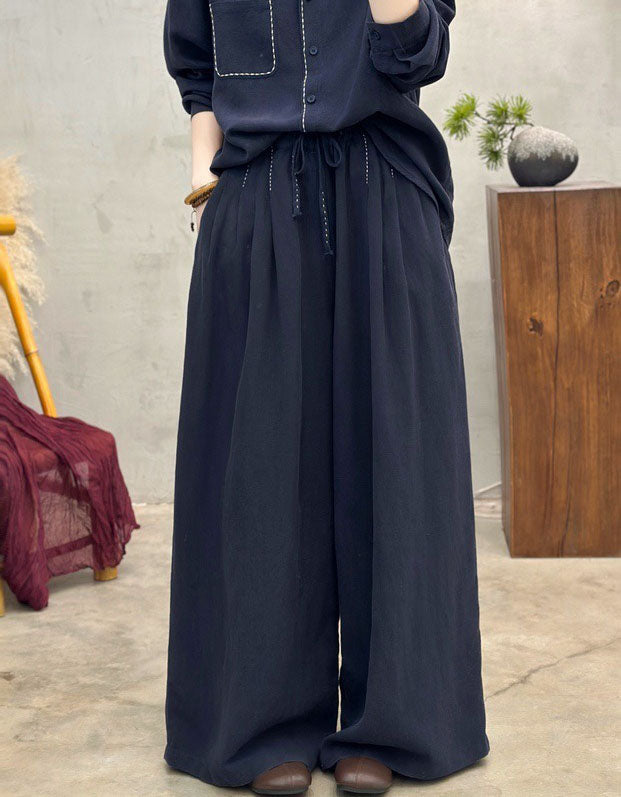 Women’s navy blue linen pants with drawstring waist, wide-leg fit, breathable and comfortable casual trousers for summer