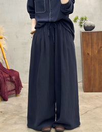 Women’s navy blue linen pants with drawstring waist, wide-leg fit, breathable and comfortable casual trousers for summer