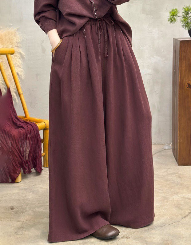 Women’s burgundy linen pants with wide-leg relaxed fit and drawstring waist, breathable and soft casual trousers for summer outfits