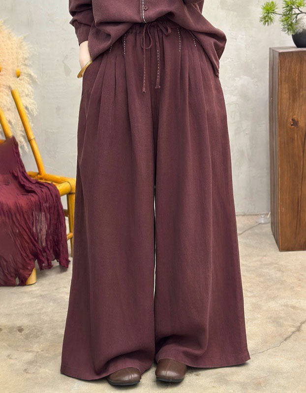 Women’s burgundy linen pants with drawstring waist, wide-leg fit, lightweight and breathable casual trousers for relaxed styling
