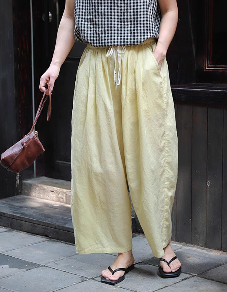 Women’s loose wide-leg cotton linen pants with elastic drawstring waist
