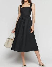 Casual Elegant Black Linen Midi Dress