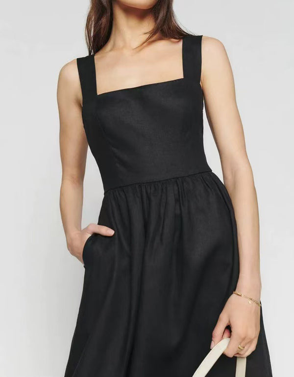Casual Elegant Black Linen Midi Dress