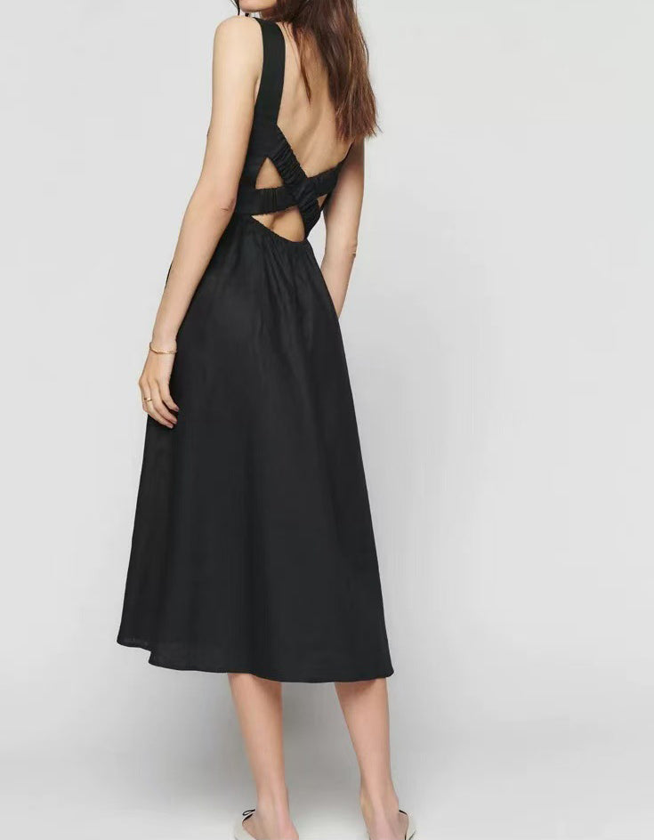 Casual Elegant Black Linen Midi Dress
