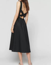 Casual Elegant Black Linen Midi Dress