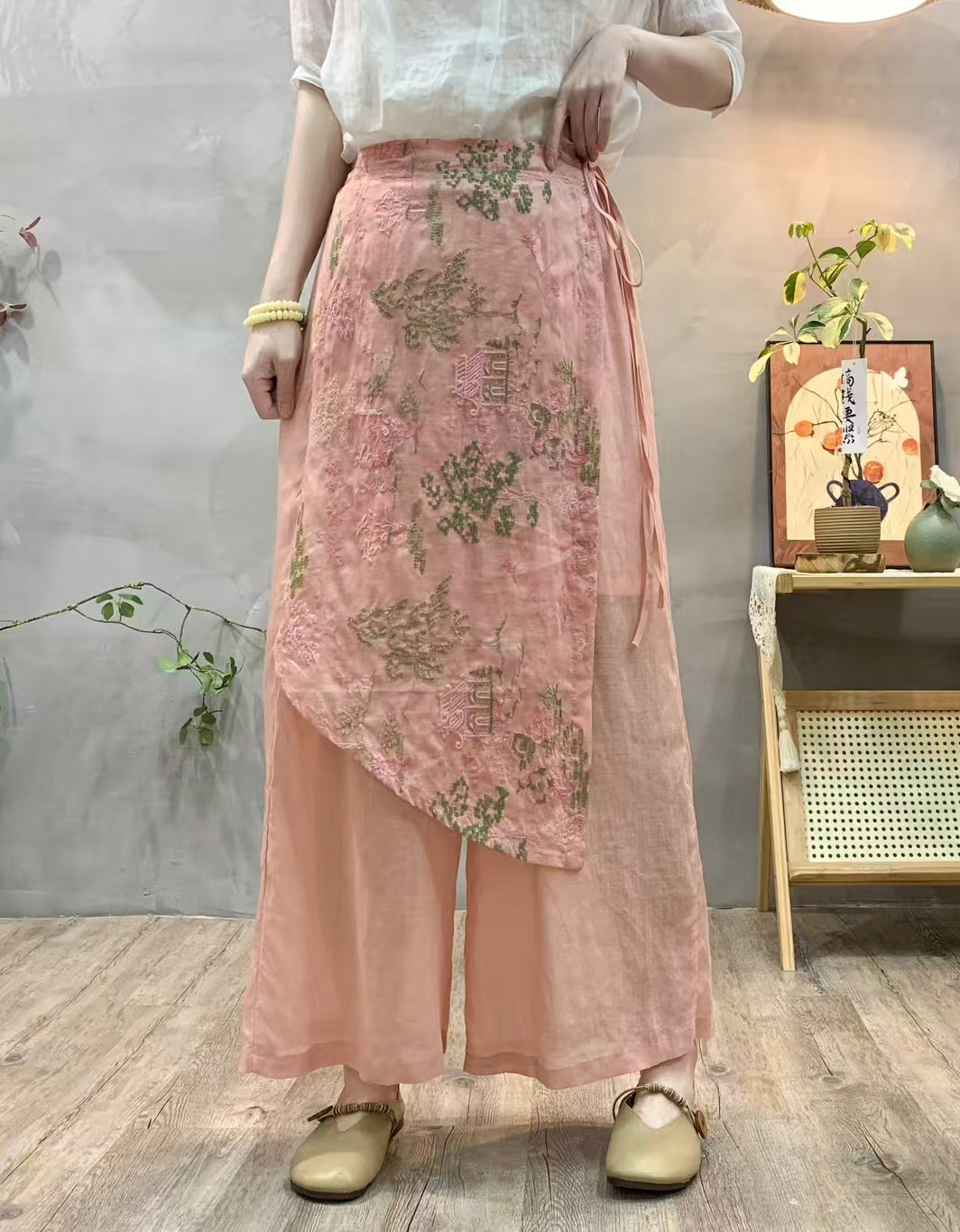 Casual Elegant Embroidered Ramie Linen Pants