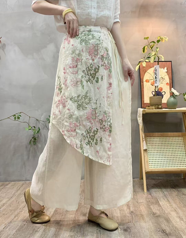 Casual Elegant Embroidered Ramie Linen Pants