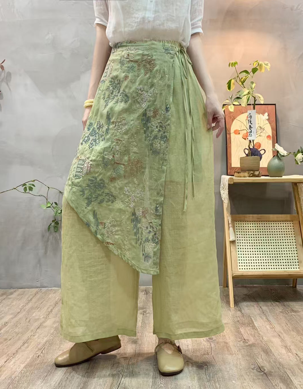 Casual Elegant Embroidered Ramie Linen Pants