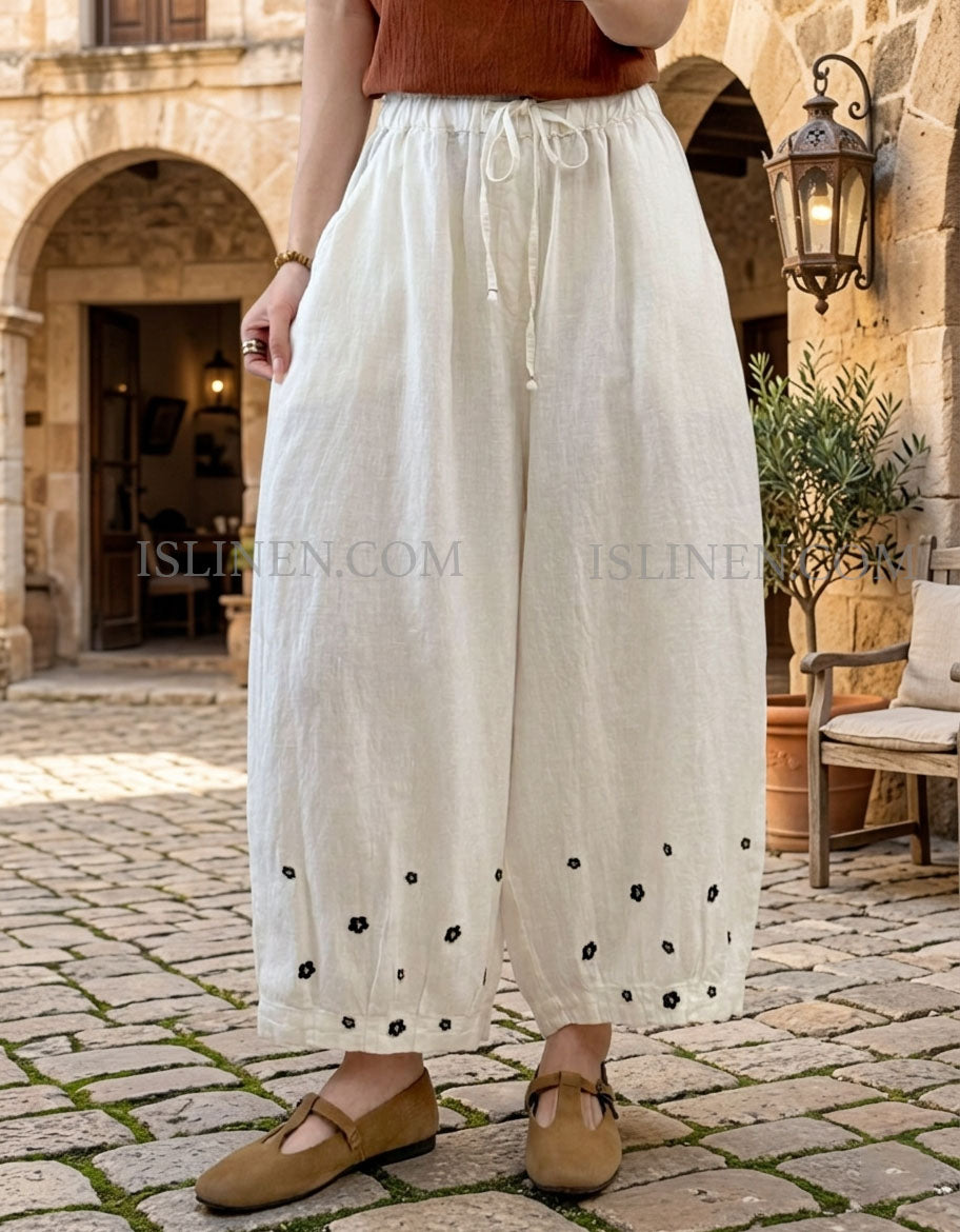 Women’s Linen Wide-Leg Pants with Drawstring Waist