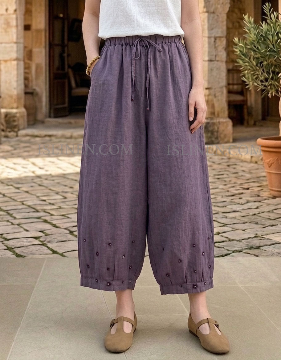 Casual Loose Linen Trousers with Floral Detail