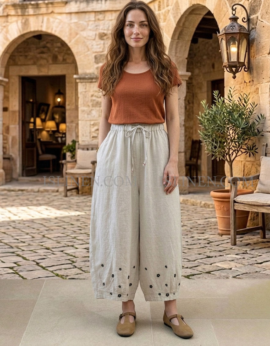 Loose Fit Beige Linen Pants for Women Casual Wear