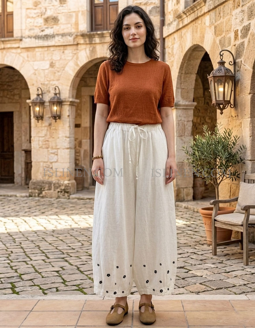 Boho Style Wide-Leg Linen Pants with Embroidery