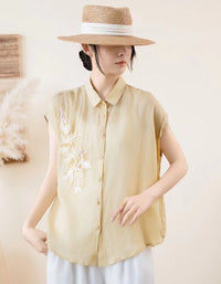Embroidered Sleeveless Shirt for Women – Casual Linen Button Up Blouse