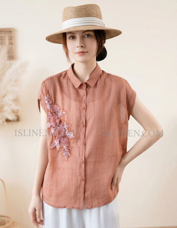 Women’s Linen Embroidered Blouse – Sleeveless Button Down Summer Top