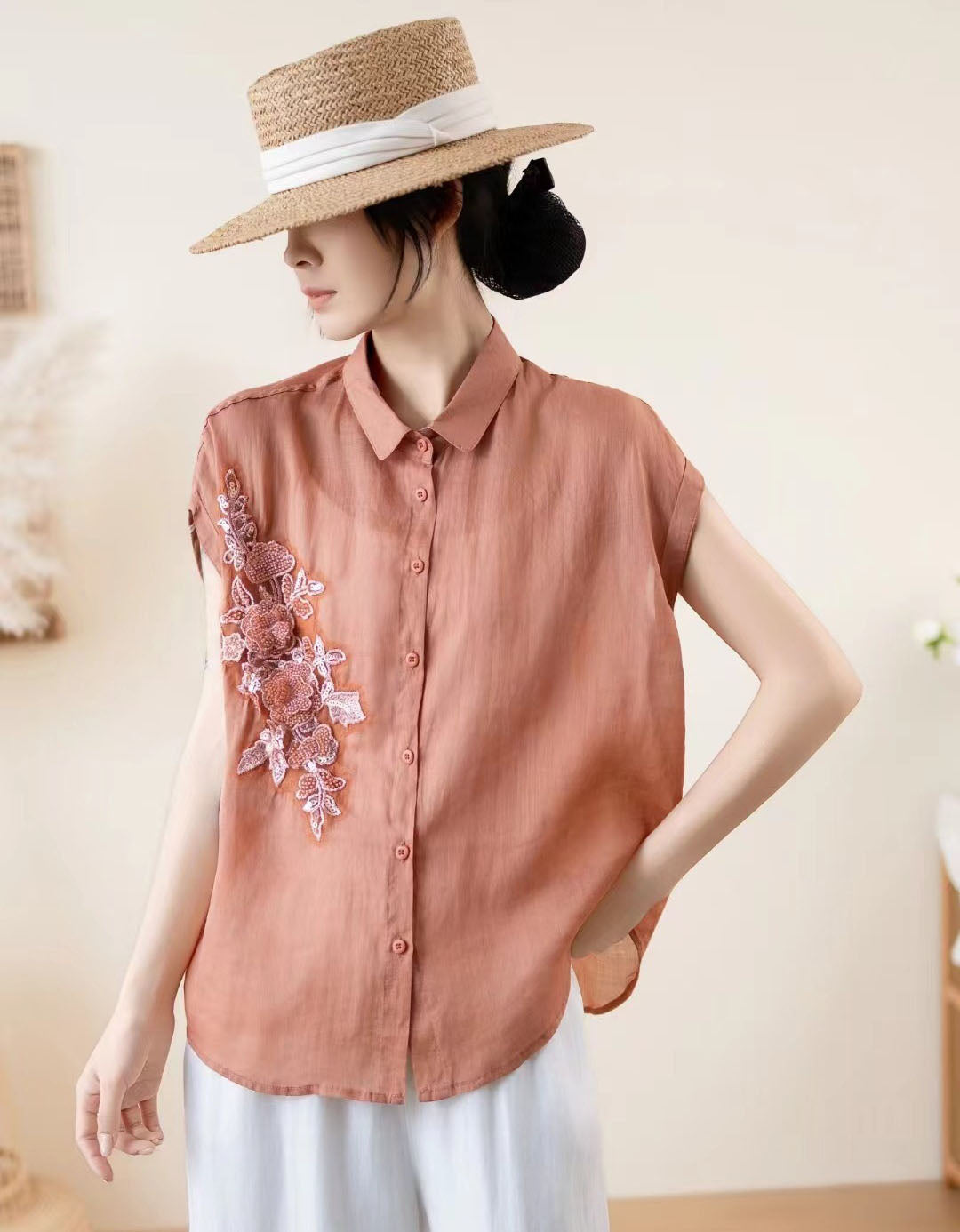 Casual Embroidered Button Down Top – Women’s Sleeveless Linen Shirt
