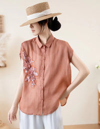 Casual Embroidered Button Down Top – Women’s Sleeveless Linen Shirt