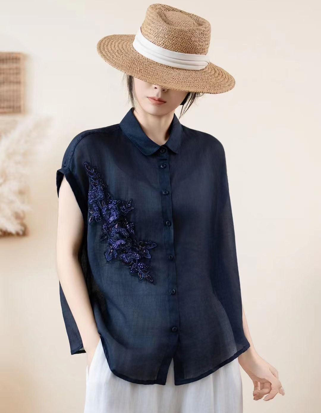 Women’s Summer Linen Blouse – Floral Embroidery Sleeveless Top