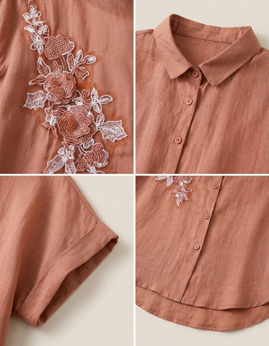 Details of Women’s Loose Fit Linen Blouse – Embroidered Sleeveless Summer Top