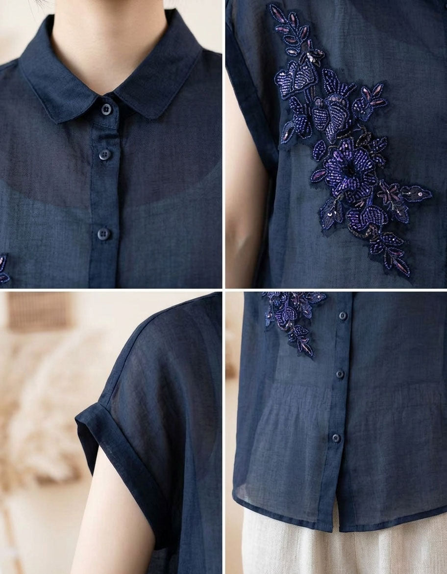 Details of Women’s Summer Linen Blouse – Floral Embroidery Sleeveless Top