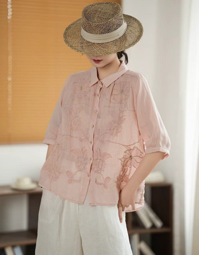 Casual Embroidery Short Sleeve Shirt