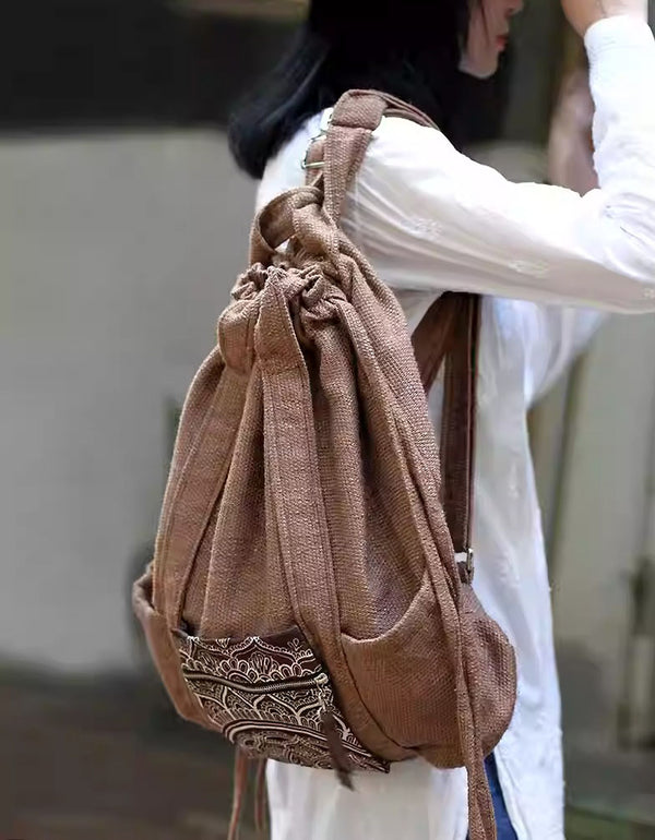 Boho jute drawstring tote bag eco friendly women