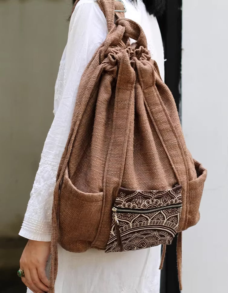 Vintage Jute Tote Bag Drawstring Boho Shoulder Bag
