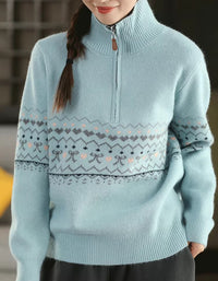 Women's Casual Fair Isle Knit Zip Up Turtleneck Sweater