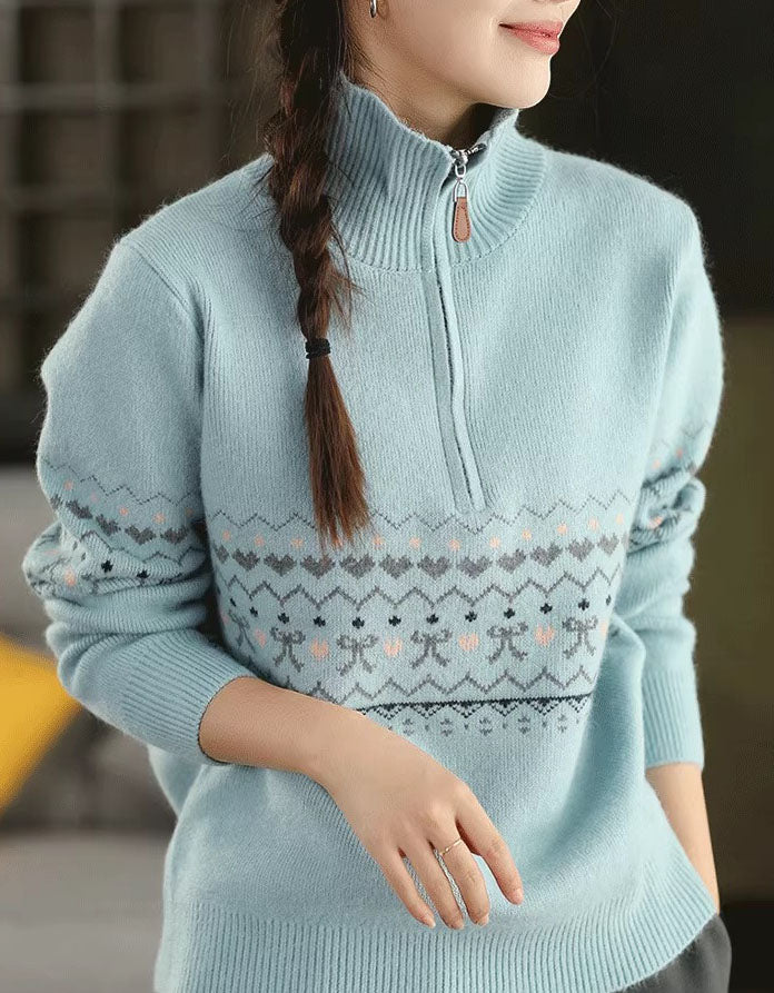 Women's Casual Fair Isle Knit Zip Up Turtleneck Sweater