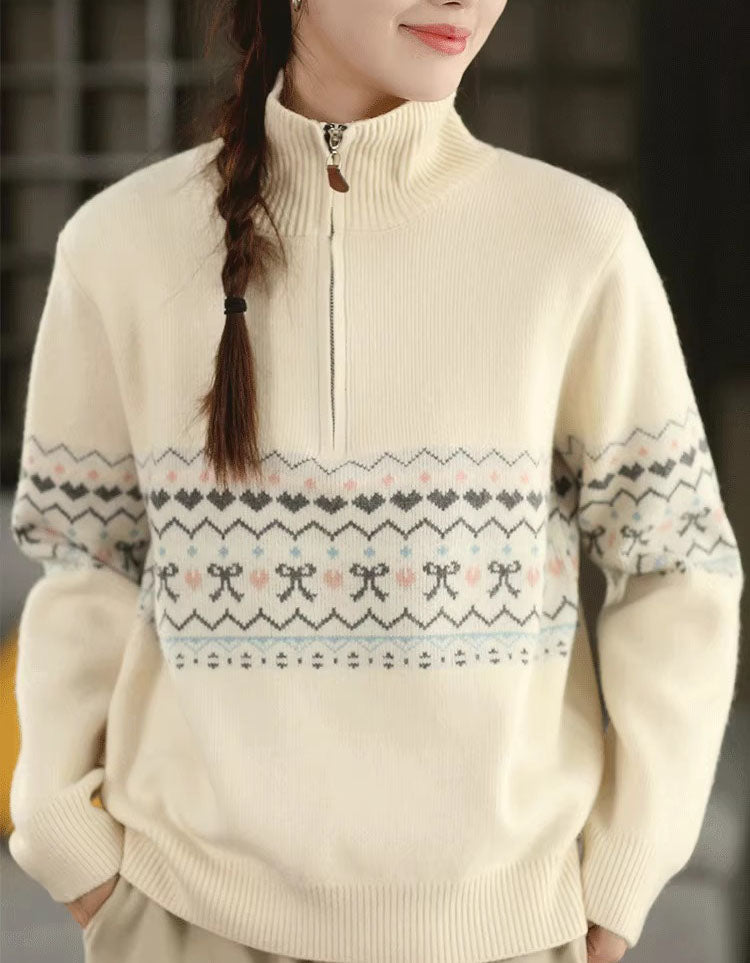 Women's Casual Fair Isle Knit Zip Up Turtleneck Sweater