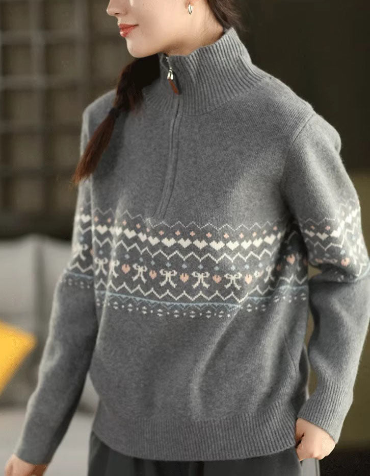 Women's Casual Fair Isle Knit Zip Up Turtleneck Sweater