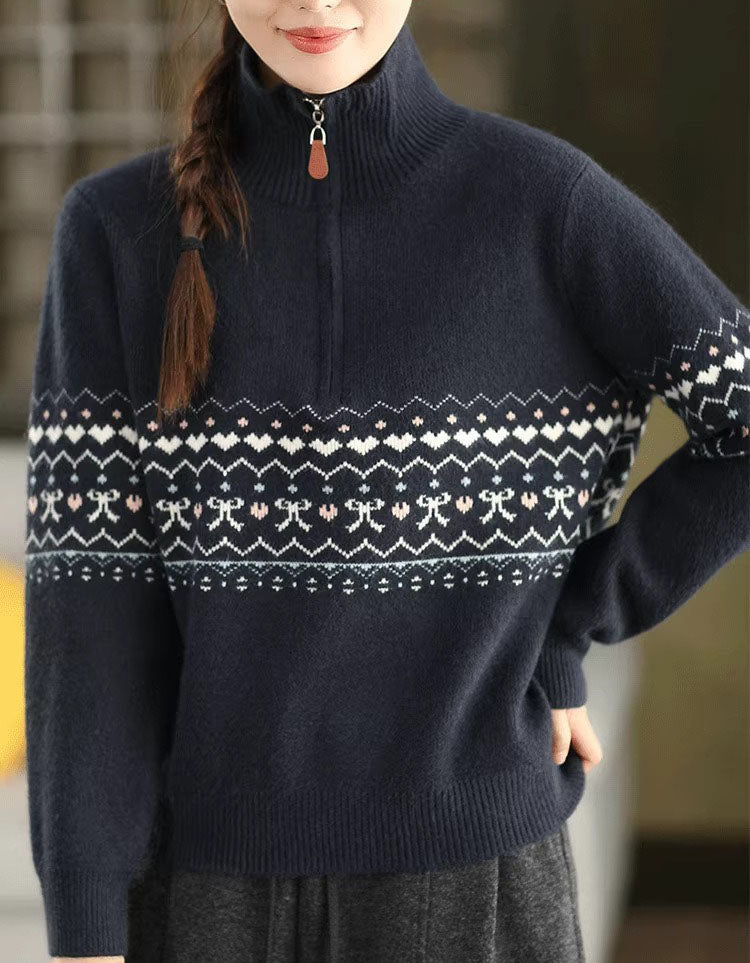 Women's Casual Fair Isle Knit Zip Up Turtleneck Sweater