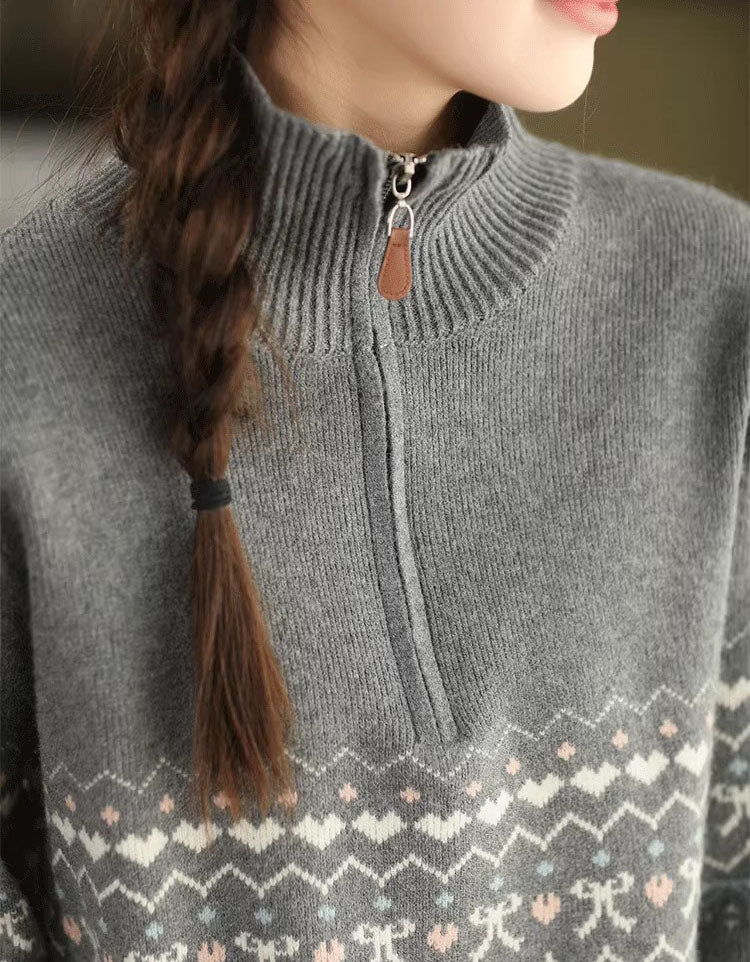 Women's Casual Fair Isle Knit Zip Up Turtleneck Sweater