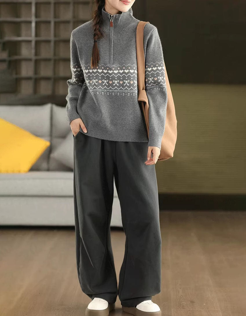 Women's Casual Fair Isle Knit Zip Up Turtleneck Sweater