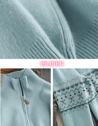 Women's Casual Fair Isle Knit Zip Up Turtleneck Sweater